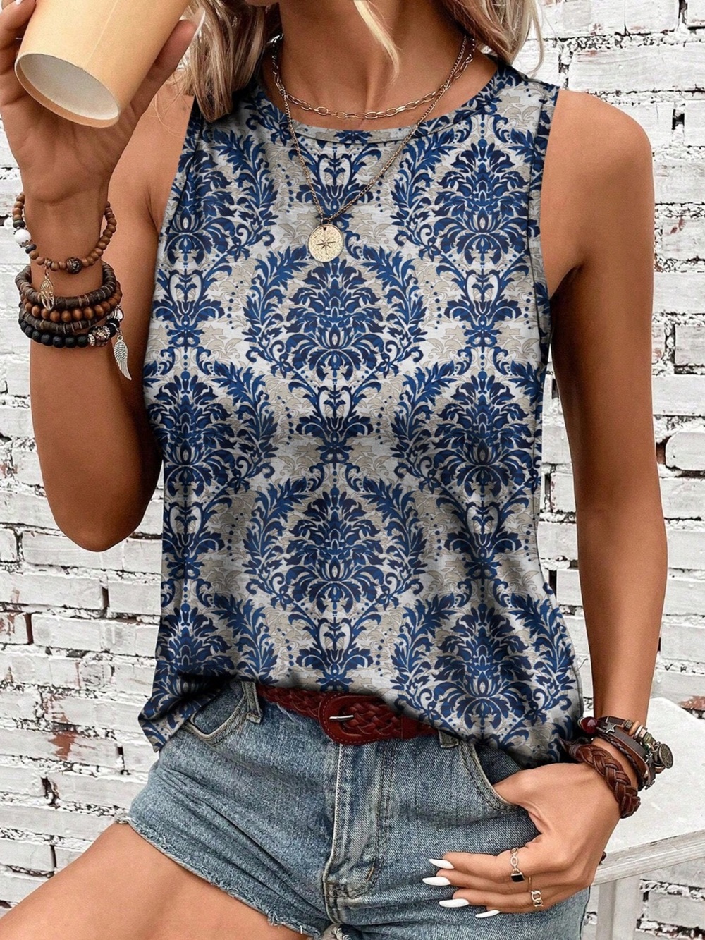 SHEIN Blue and Gray Damask Sleeveless Tunic Tank